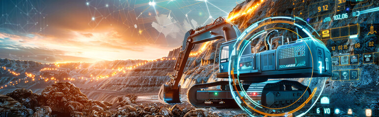 An excavator sits in a rock quarry at sunset, surrounded by digital visualizations showing its performance and energy efficiency
