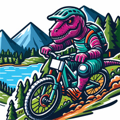 dinosaur riding a bike with mountain
