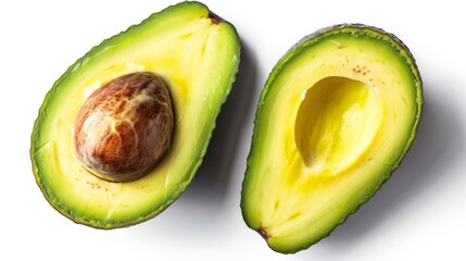 Halved avocado positioned symmetrically, showcasing its creamy texture and natural color contrast on white