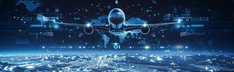 A futuristic plane, rendered in a digital style, soars above a cloudy landscape with glowing data points and a map of the world in the background