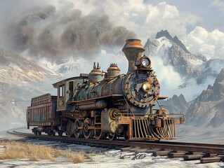 Vintage Steam Powered Freight Train Traversing Rugged Mountainous Countryside Landscape