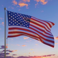 Fototapeta premium 200 Patriotic 3D cartoon American flag billowing in the wind at sunset