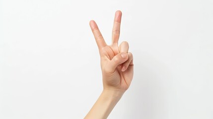 Woman's hand showing a peace sign, white background