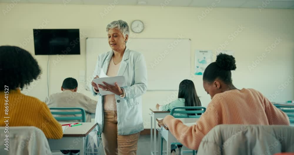 Poster Teacher, students and giving paper in classroom for exam, test and assessment. People, female educator and learner in high school for education, results and learning for skills and development