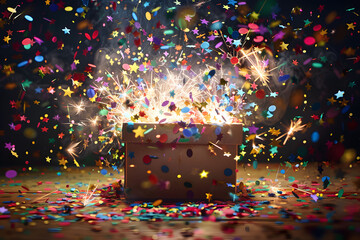 Magical Shopping Surprise: A Box Emitting Bright, Sparkling Light and Stars, Bursting with Shopping Excitement.
Box of Surprise: Boxes Emitting Bright, Sparkling Light and Stars for a Magical Shopping