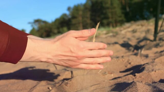Sand running through hands of man at the beach