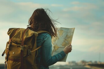 a woman with a backpack looking at a map - travel stock videos royalty-free footage