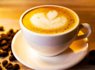 Obraz premium Big white hot cup of coffee isolated on wooden table top view closeup