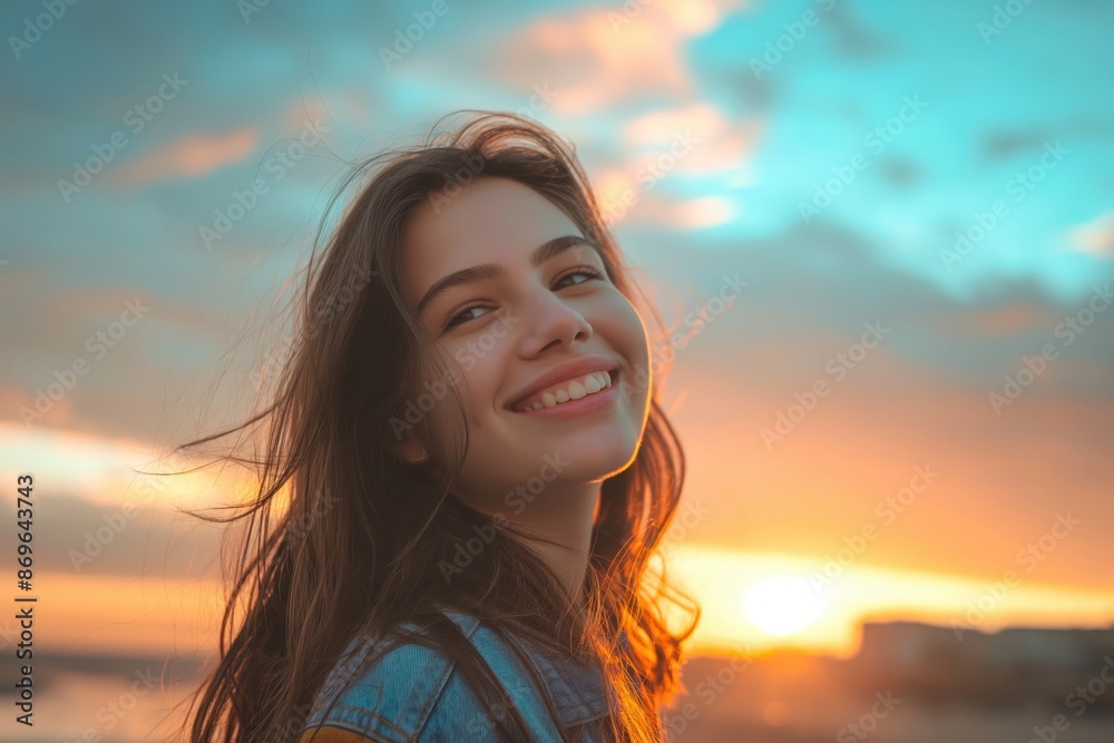 Poster a beautiful young woman smiling at sunset - smiling stock videos royalty-free footage