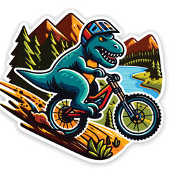 dinosaur riding a bike with mountain
