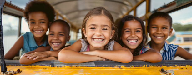 A diverse group of children happily boarding a school bus, symbolizing unity and excitement for the new school year. Perfect for transportation ads, back-to-school 