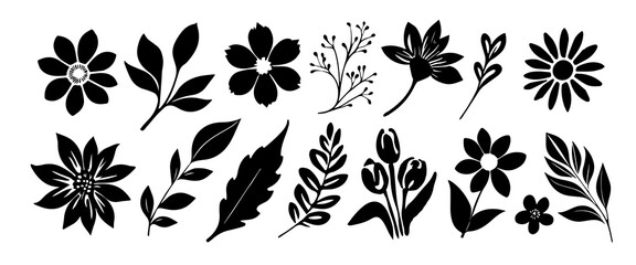 Set of flower and leaves silhouettes. Hand drawn floral design elements, icons, shapes. Wild and garden flowers, leaves black.