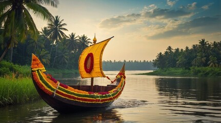 South Indian Festival Onam Boat at river on decorative
