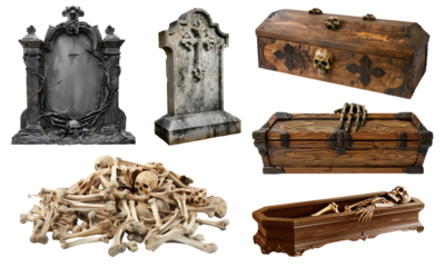 Set of spooky eerie pile of human skeleton skeletal bones hand, coffin, tombstone, on transparent cutout. PNG file. Many different design. Mockup template for artwork design