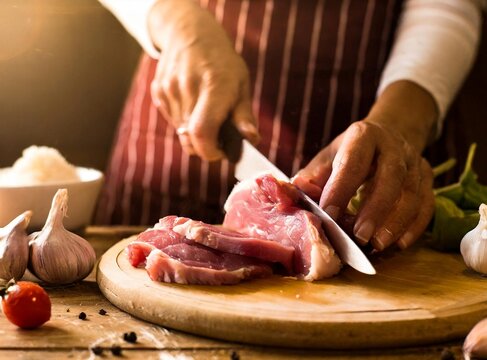 Closeup of the hands of the housewife or chef cooking, cutting raw meat to make roasted beef in the kitchen at home.