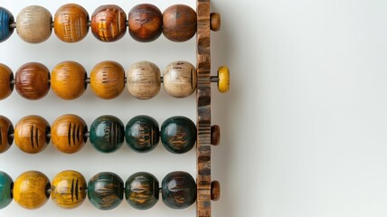 Wooden abacus with colorful beads on white background