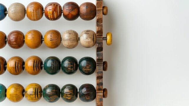 Wooden abacus with colorful beads on white background