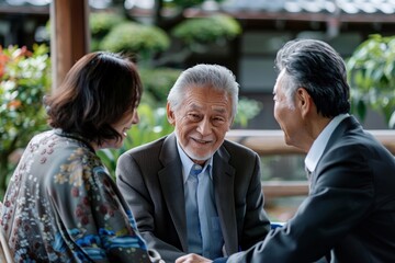 Portrait half-body of a Japanese retiree couple discussing their pension plans with an advisor in a serene setting, hyper-realistic, high detail, photorealistic
