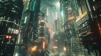 Fototapeta premium A futuristic cyberpunk cityscape at night with glowing neon lights and towering skyscrapers, showcasing a high-tech urban environment.