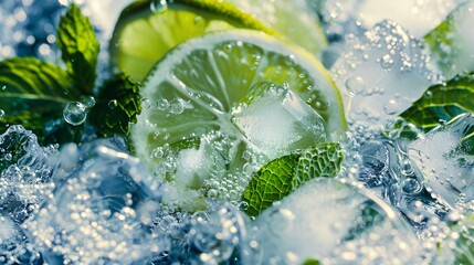 mojito concept, ice, water, mint and lime.