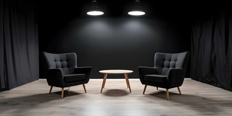 Functional Studio Setup for Podcasts or Interviews. Concept Podcast Equipment, Studio Lighting, Soundproofing, Interview Techniques