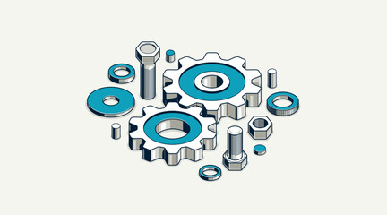 Engineer education concept, gears and cogs composition isometric 3D vector illustration, study science in university, engineering learning.