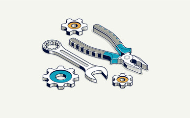 Auto service concept, gears and tools in 3D isometric projection vector illustration, automobile car repair garage workshop, fix the breakage.