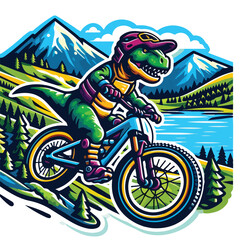 dinosaur riding a bike with mountain
