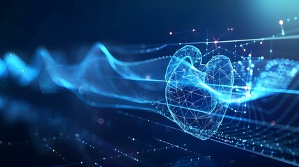 A futuristic digital heart connected by a network of lines, symbolizing advanced medical technology and cardiology.