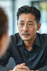 Obraz premium Portrait half-body of a Japanese single father discussing his financial future with a planner in a modern office, hyper-realistic, high detail, photorealistic