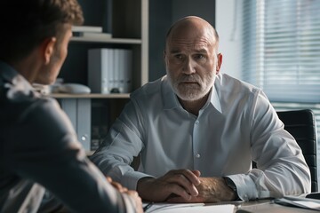 Portrait half-body of an American businessman discussing investments with a financial consultant in a bright office, hyper-realistic, high detail, photorealistic