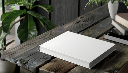 Blank book cover mockup on wooden desk