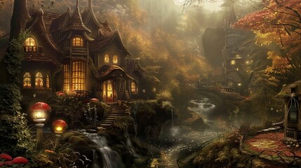 a painting of a house in the woods