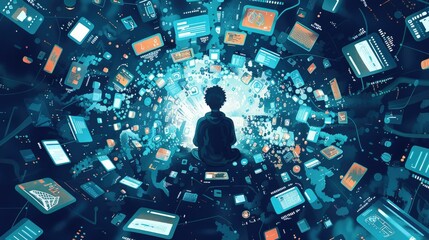 Overhead View of Interconnected Digital Devices and Networks in Dynamic Composition