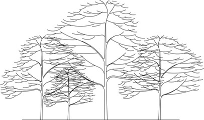 Vector silhouette illustration sketch detailed design of collection of tree plants with lots of leaves and twigs in the forest