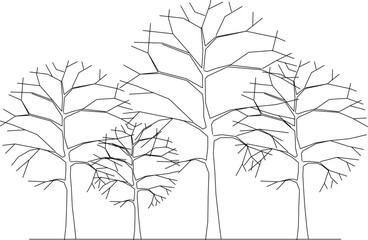 Vector silhouette illustration sketch detailed design of collection of tree plants with lots of leaves and twigs in the forest