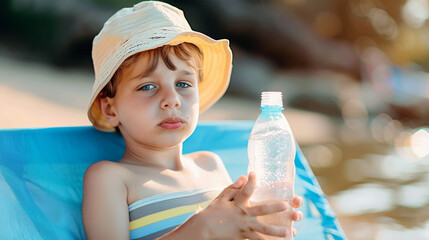 Little boy on the beach with a sunstroke holds a bottle of water