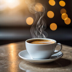 Obraz premium a cup of coffee that is still warm on the table