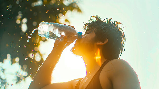 Heat stroke - Man pouring water from plastic bottle on his head in hot day, summer hotest sunlight , highlighting its graceful features
