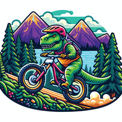 dinosaur riding a bike with mountain
