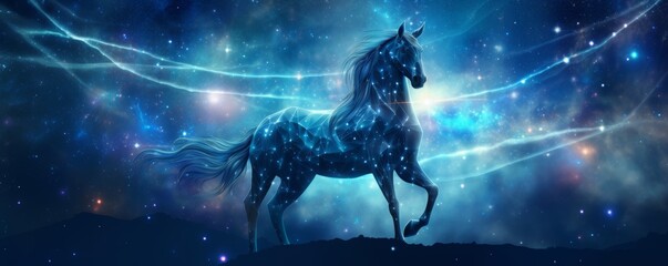 Obraz premium Celestial Unicorn: SciFi Constellation of Mythical Beauty in Deep Blue Night Sky - Digital Art with Stars Forming Mythical Shape