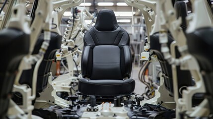 A single black leather car seat is in the center of the frame, surrounded by white metal frames on an assembly line in a factory.