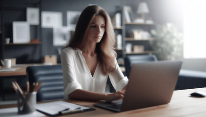 Fototapeta premium Confident Businesswoman Working at Laptop in Modern Office, Professional Workspace Portrait