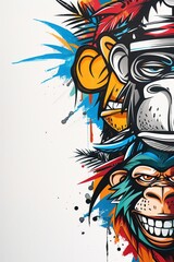 Obraz premium A captivating split scene: one side explodes with a kaleidoscope of expressive monkey faces, while the other depicts powerful tigers intertwined with lush jungle vegetation