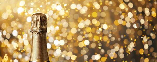 A bottle of champagne is being poured into a glass, creating a sparkling effect. Free copy space for text.