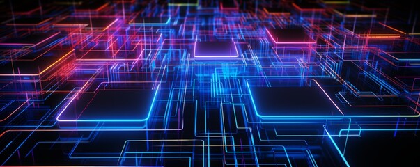 Obraz premium Neon Circuitry Fusion - Abstract Concept of Fast-Moving Digital Lines Morphing into Futuristic Growing Circuit Boards