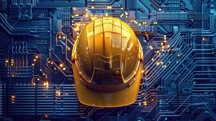 Iconic Yellow Hardhat Against Luminous Indigo Toned Circuit Board Backdrop