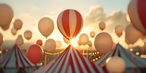 Sunset Scene with Balloons and Circus Tent Evokes Festive Magic. Concept Balloons, Circus Tent, Festive Magic, Sunset Scene, Outdoor Photoshoot
