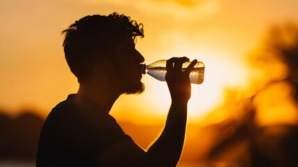 Heat stroke - Silhouette photo of Male drinking water, against hot summer sunlight