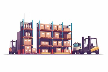 A cute cartoon Style ofA warehouse with automated guided vehicles transporting goods
